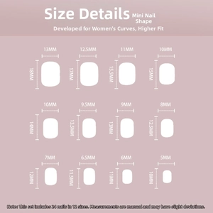 Size chart for mini press-on nails showing 12 different widths and lengths for a perfect fit