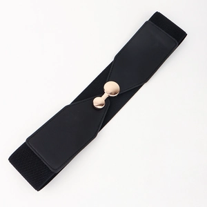 Women's black elastic waist belt with a premium gold circular metal buckle for coat styling