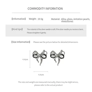 Size chart showing dimensions for silver needle bow earrings with pearls and rhinestones