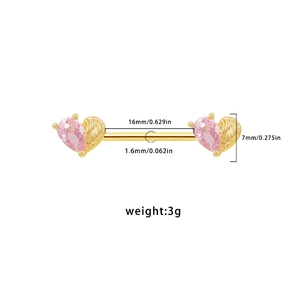 Detailed view of pink heart wing nipple ring in gold with 16mm bar size measurements