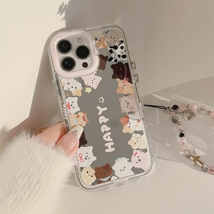 Detail of clear iPhone case with cute cat patterns and colorful beaded hand strap