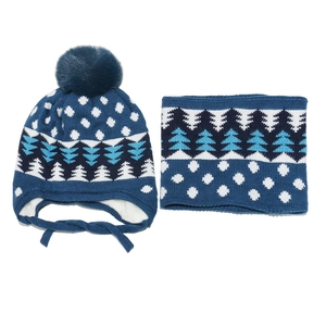 Detail of kids winter knit set showing polka dot pattern and thick white fleece lining