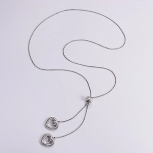 Minimalist silver double layer lariat necklace with heart pendants and sliding bead