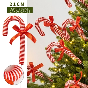 Christmas Candy Cane Hanging Ornament Fabric Knitted Red White Stripes With Ribbon Bow For Tree Decoration