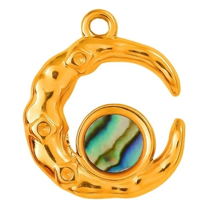 Elegant gold crescent moon pendant with iridescent abalone shell inlay on white background