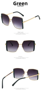 Detailed views of gold frame square sunglasses with green accents and dark gradient lenses
