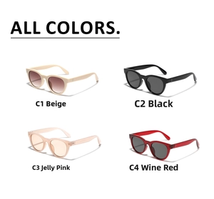 Four pairs of retro round sunglasses in beige, black, pink and wine red colors
