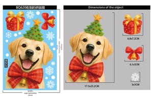 Christmas window sticker dimensions for golden retriever dog with tree and gift boxes