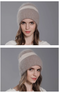 Dettaglio del cappello in maglia di pelliccia di coniglio con striscia bianca e costine