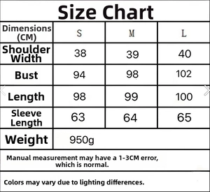 Detailed size chart for faux fur trench coat with bust and length measurements in centimeters