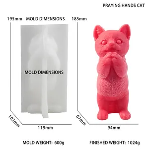 Détail du moule en silicone pour bougie chat avec dimensions et rendu du produit fini