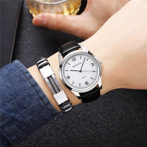 Quartz men's business watch set with white dial, leather strap and metal bracelet