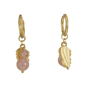Golden feather earrings featuring pinkish-brown beads and natural turquoise accents
