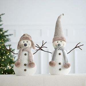 Christmas plush snowman figurines set with knitted hats and scarves for festive table decor