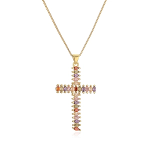 Gold plated cross necklace featuring colorful marquise-cut zircon stones and pearls