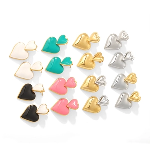 Double Heart Dangle Earrings Stainless Steel Enamel Oil Drop 18K Gold Plated Trendy Elegant For Women