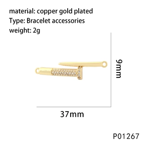 Detailed 37mm copper gold plated nail bracelet charm with cubic zirconia micro inlay