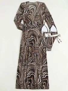 Detail of three-piece bikini set with brown psychedelic swirl print and matching long cover-up