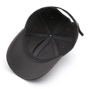 Deep gray washed cotton baseball cap with interior reinforced stitching and ventilation holes