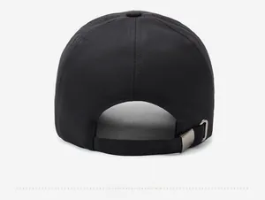 Detail view of the black baseball cap back with adjustable metal buckle and stitching
