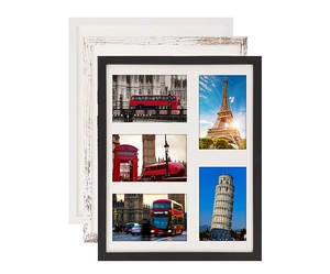 Detailed view of black 5-aperture wooden frame with travel photos and white mat board