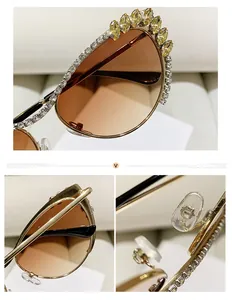 Detailed macro view of crystal-encrusted gold metal frames and gradient tinted lenses