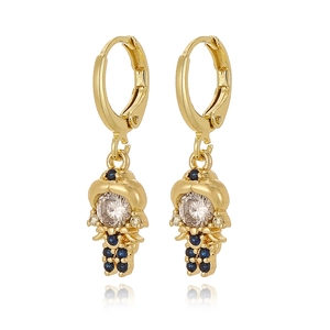 Chic gold earrings with clear and deep blue cubic zirconia in a unique human figure design