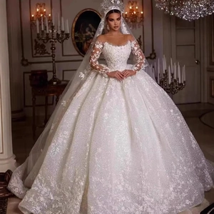 Luxury Wedding Dress Lace Long Sleeve Off Shoulder Ball Gown Sequin Floral Bridal Gown Elegant Ceremony For Women