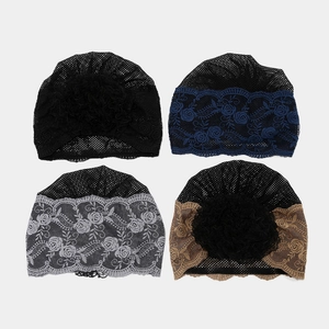 Set of four lace flower turban hats for women in black, navy, grey and coffee colors