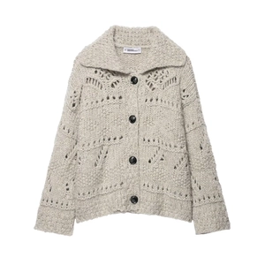 Women Knit Cardigan Hollow Out Lapel Collar Button Up Loose Casual Long Sleeve Sweater Tops Polyester