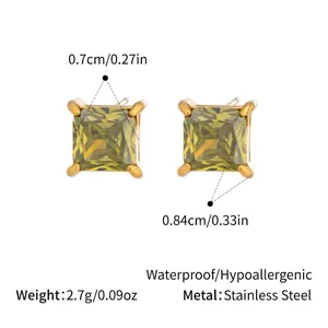 Detail view of square cut yellow zircon stud earring with 18K gold plated steel base