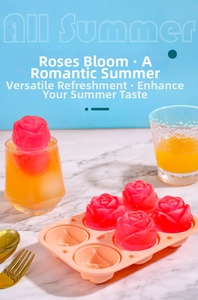 Detail showing the six-hole silicone mold and realistic 3D rose flower ice cubes