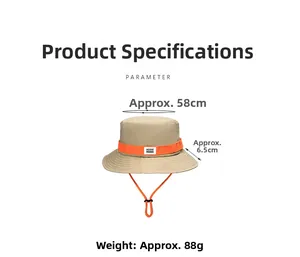 Detail view of khaki sun hat featuring orange accent band and adjustable chin strap