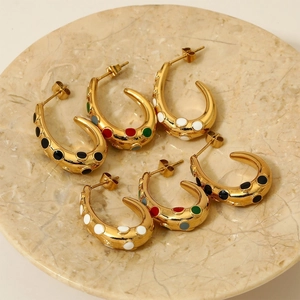 Polka Dot C-Shaped Hoop Earrings Stainless Steel Gold Plated Enamel Colorful Minimalist Trendy Jewelry For Women