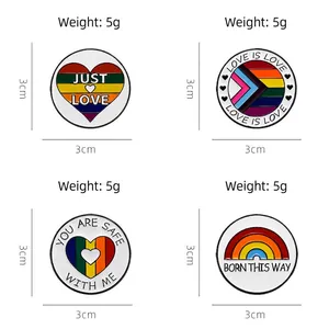 Rainbow heart enamel pins with motivational quotes, 3cm round metal badges for bags
