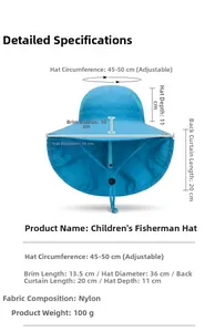 Detailed view of blue kids sun hat featuring neck protection flap and adjustable size specs