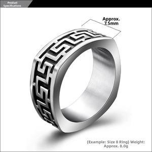 Detail view of 7.5mm wide titanium steel ring with Greek Key pattern and 8.0g weight