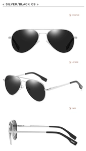 Silver aviator sunglasses with black polarized lenses shown from multiple angles