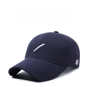 Side view of dark blue cotton baseball cap with white diagonal embroidery and side logo
