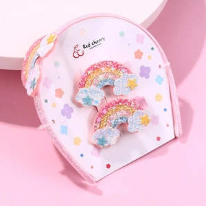 Children's pink glitter headband and colorful rainbow cloud hair clip 3-piece set
