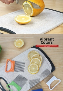 Close-up of stainless steel onion needle holder slicing lemon on a non-slip cutting board