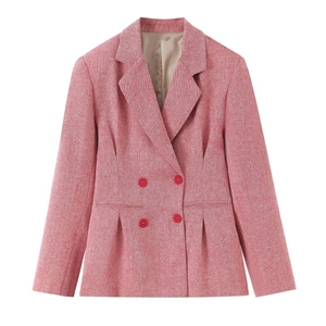 Women Double Breasted Blazer Jacket Herringbone Pattern V Neck Long Sleeve Loose Casual Elegant Office Outerwear