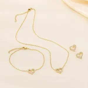 Hollow Heart Necklace Bracelet Stud Earrings Stainless Steel Rhinestone Micropave Fashion Jewelry Elegant For Women