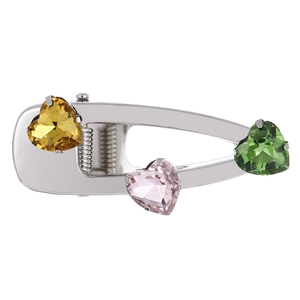 Silver bow hair clip with colorful heart gemstones in yellow, pink and green