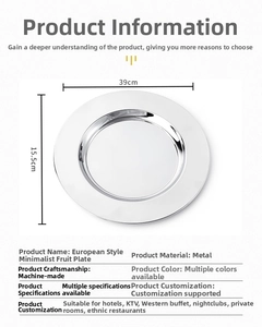 Detail showing 39cm diameter stainless steel fruit plate with dimension markings