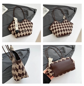 Detailed views of checkered tote bag featuring leather straps and chic ribbon decoration