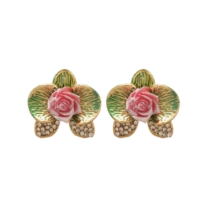 Elegant floral stud earrings featuring pink rose center and sparkling crystals