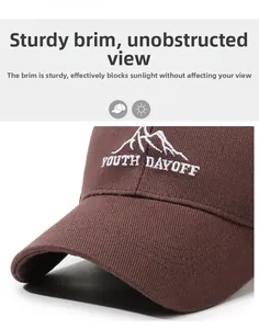 Detail of embroidered 'YOUTH DAYOFF' text on dark brown cotton twill baseball cap