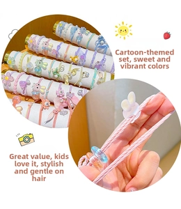 Detail view of colorful high-elastic hair ties with resin bunny and flower charms for girls