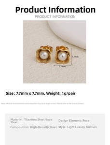 Detailed view of vintage rose stud earrings with white pearls and size specifications